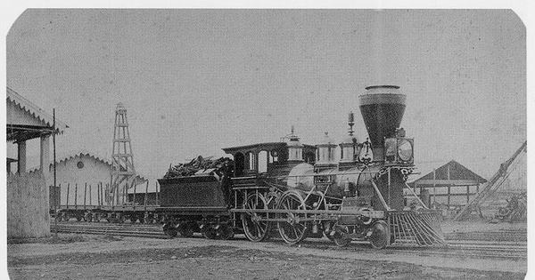 Pie de página: Locomotora. Rancagua, Santiago, 1862. Album Museo Histórico Nacional. Fotografía atribuída a E. Cachois.