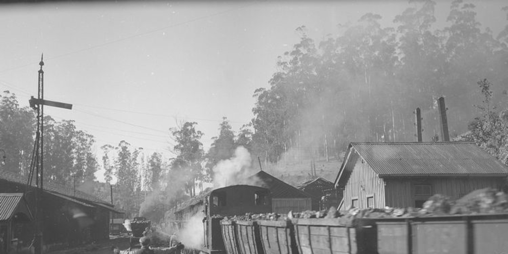 Pie de foto: Transporte del carbón por arrastre en vagones de acarreo por medio de locomotora, 1940. Fotografía de  Ignacio Hochhäusler.