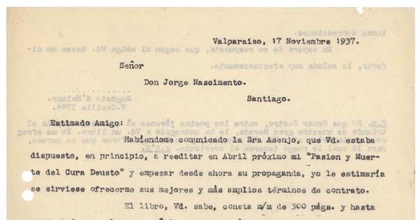 : [Carta] 1937 noviembre 17, Valparaíso, Chile [a] Carlos George-Nascimento [manuscrito]