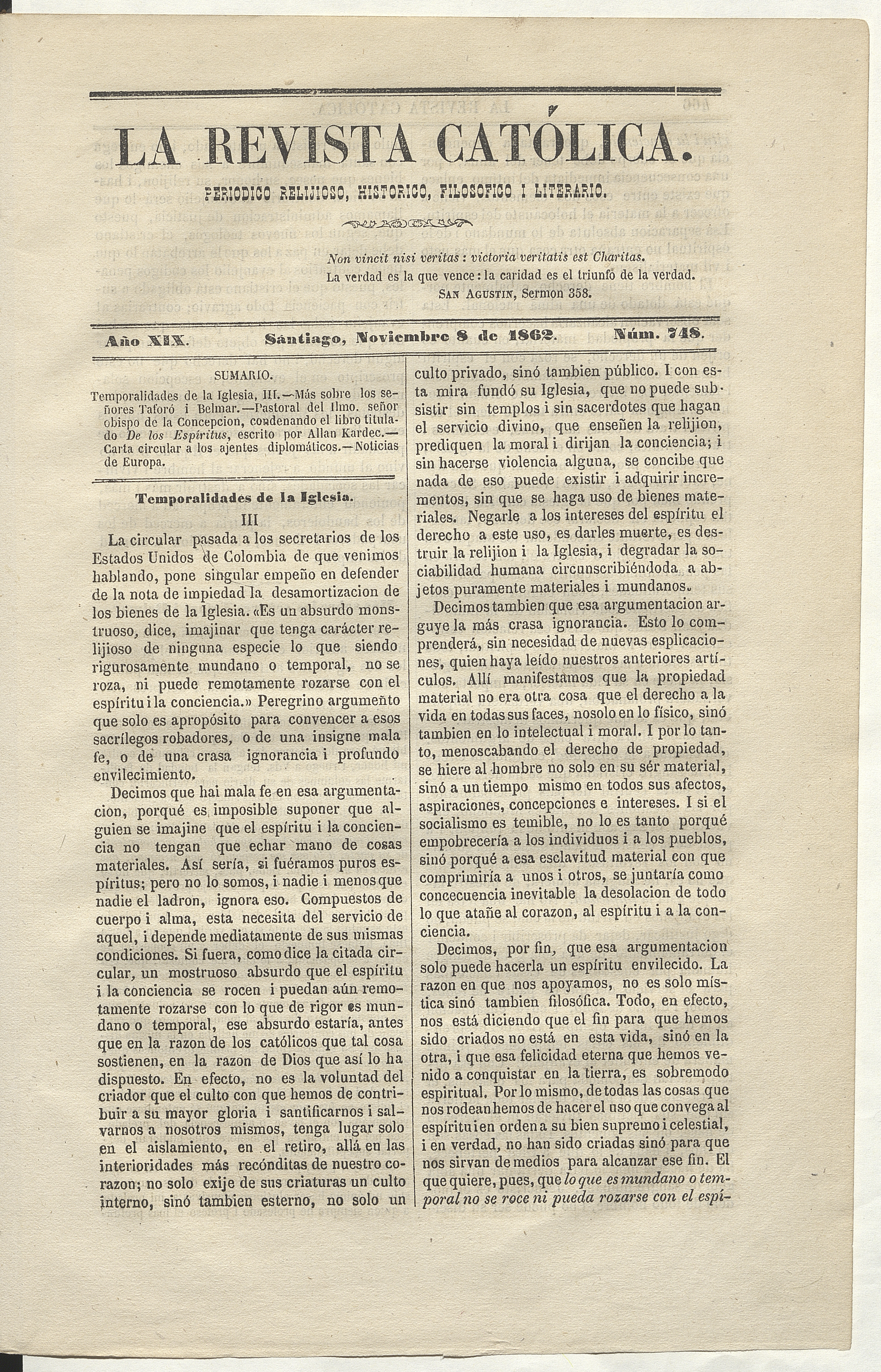 Pastoral del Ilustrísimo Señor Obispo de la Concepción condenando el libro titulado ‘De los Espíritus’, escrito por Allan Kardec