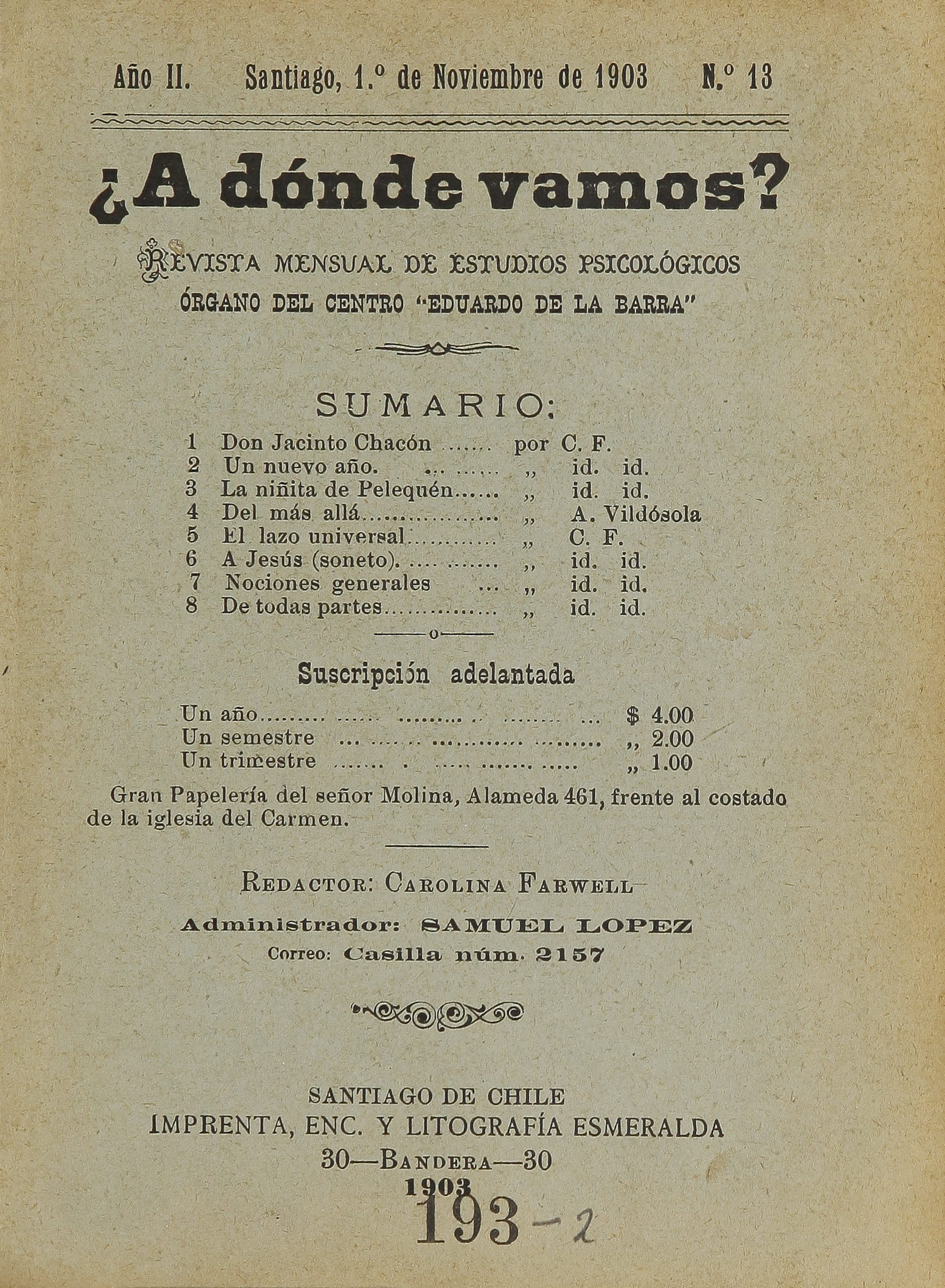 A dónde vamos?, n° 13, noviembre de 1903