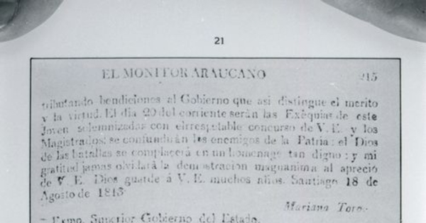 Decreto proclama, publicada en el "Monitor Araucano", órgano oficial del Gobierno, por el cual se procede a crea una Biblioteca Nacional el 19 de agosto de 1813. [fotografía]