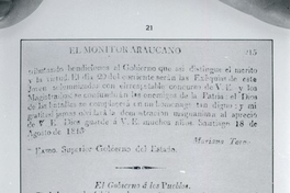 Decreto proclama, publicada en el "Monitor Araucano", órgano oficial del Gobierno, por el cual se procede a crea una Biblioteca Nacional el 19 de agosto de 1813. [fotografía]