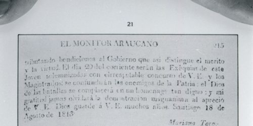 Decreto proclama, publicada en el "Monitor Araucano", órgano oficial del Gobierno, por el cual se procede a crea una Biblioteca Nacional el 19 de agosto de 1813. [fotografía]