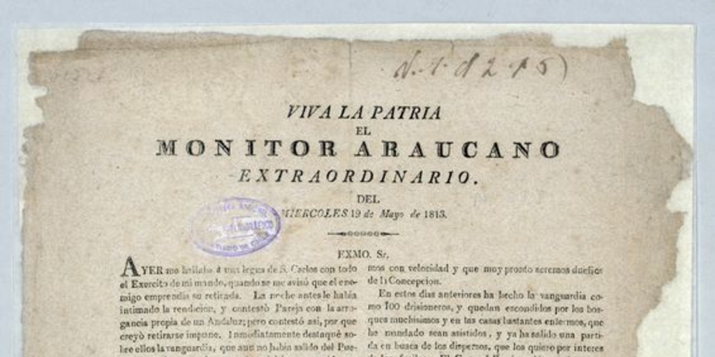 Viva la patria : El Monitor Araucano extraordinario del miercoles 19 de mayo de 1813.