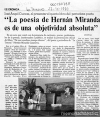 "La poesía de Hernán Miranda es de un objetividad absoluta"