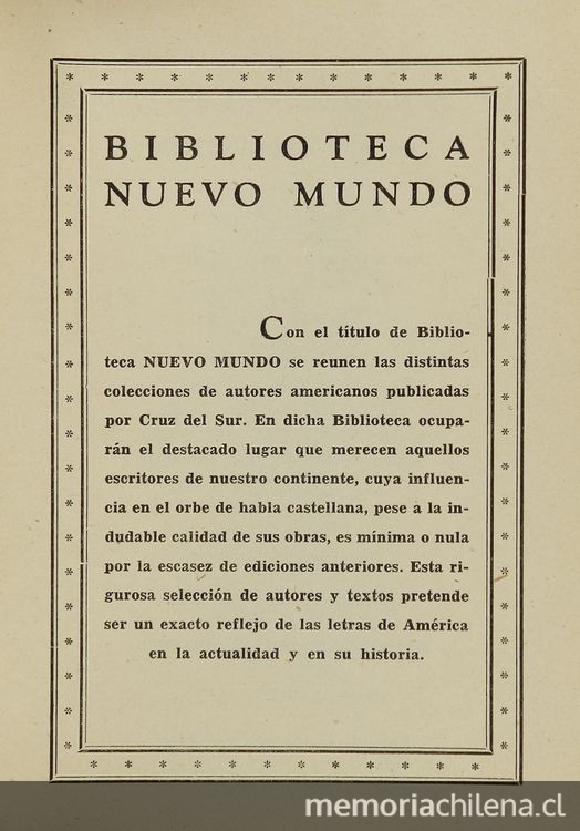 Biblioteca Nuevo Mundo de editorial Cruz del Sur anunciada en libro de 1943