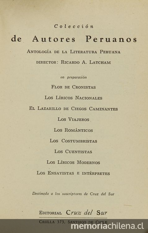 Presentación de la Colección Autores peruanos, de la editorial Cruz del Sur, en 1943.