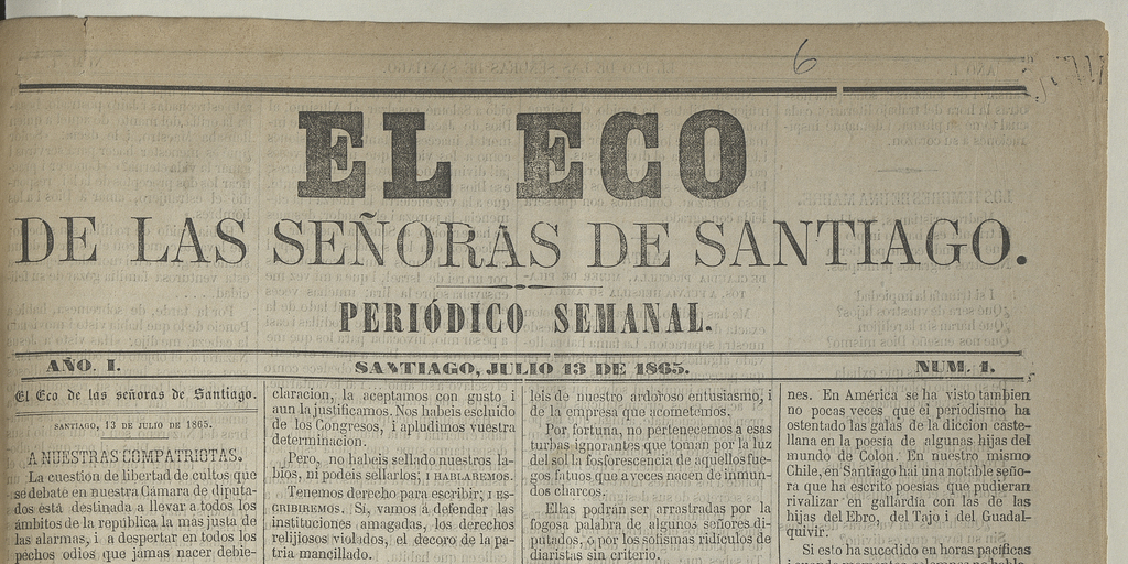 El eco de las señoras. Año 1, número 1, 13 de julio de 1865