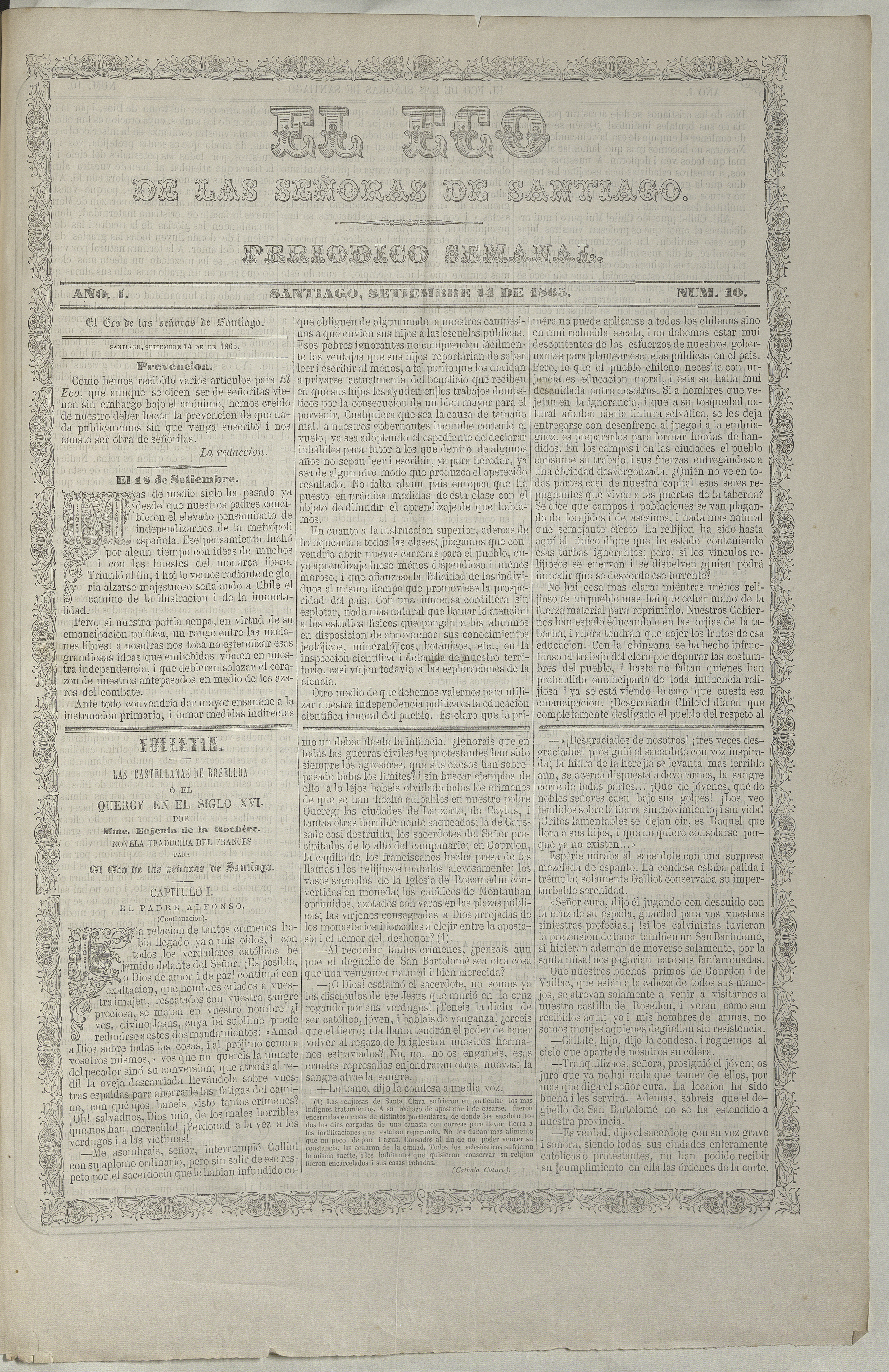 El eco de las señoras. Año 1, número 10, 11 de septiembre de 1865