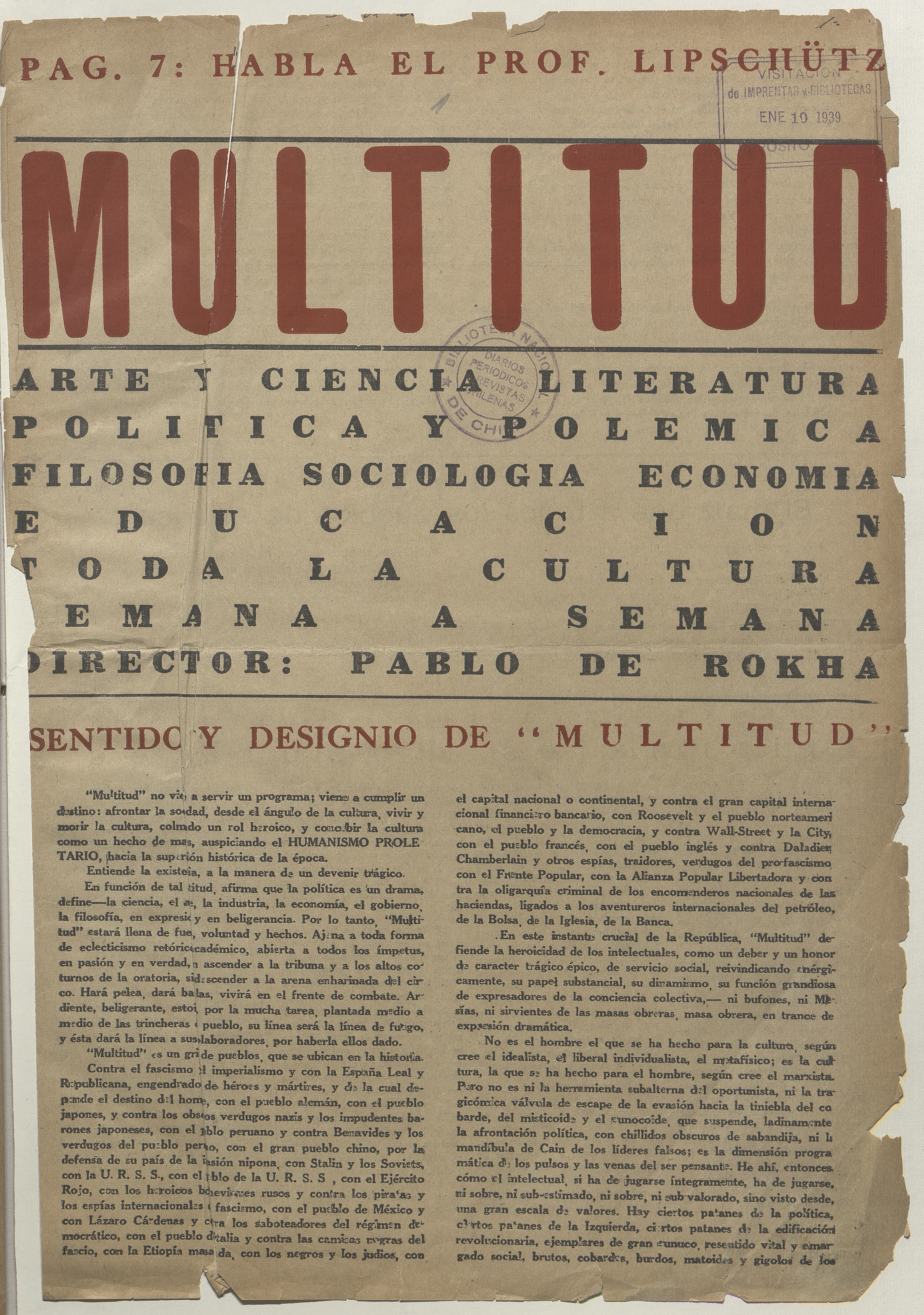 Multitud. Año 1, número 1, primera semana de enero de 1939