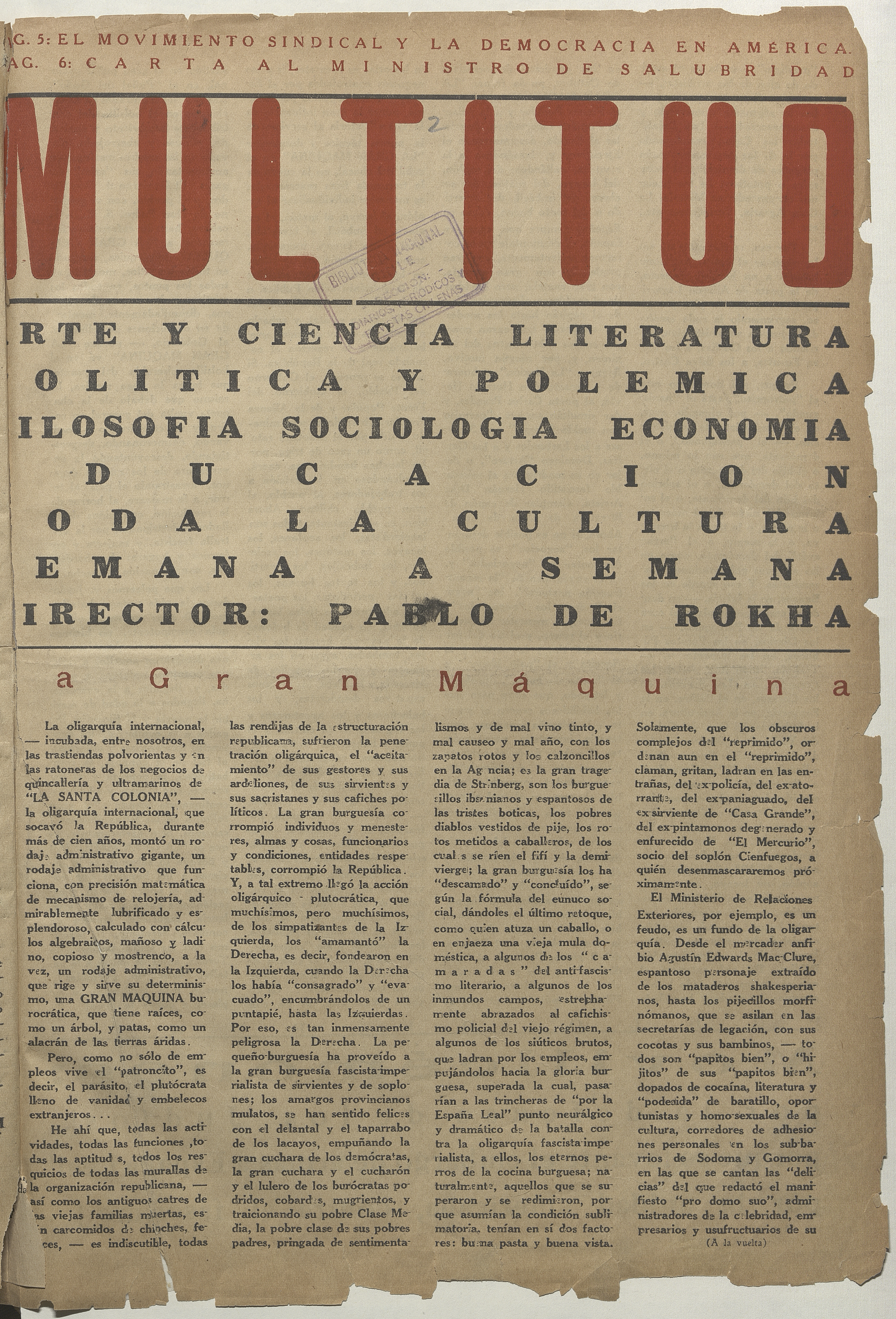 Multitud. Año 1, número 2, segunda semana de enero de 1939