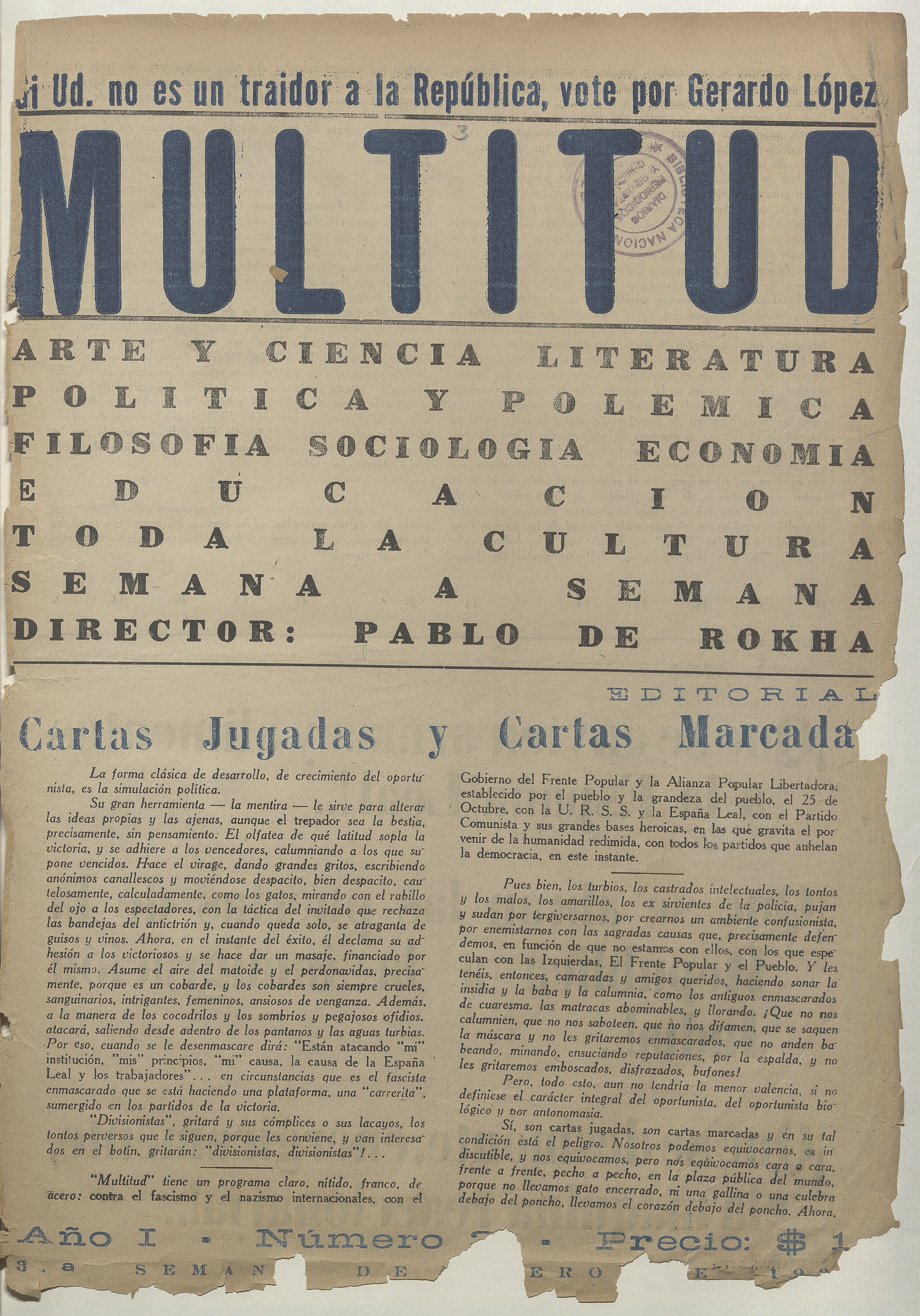 Multitud. Año 1, número 3, tercera semana de enero de 1939