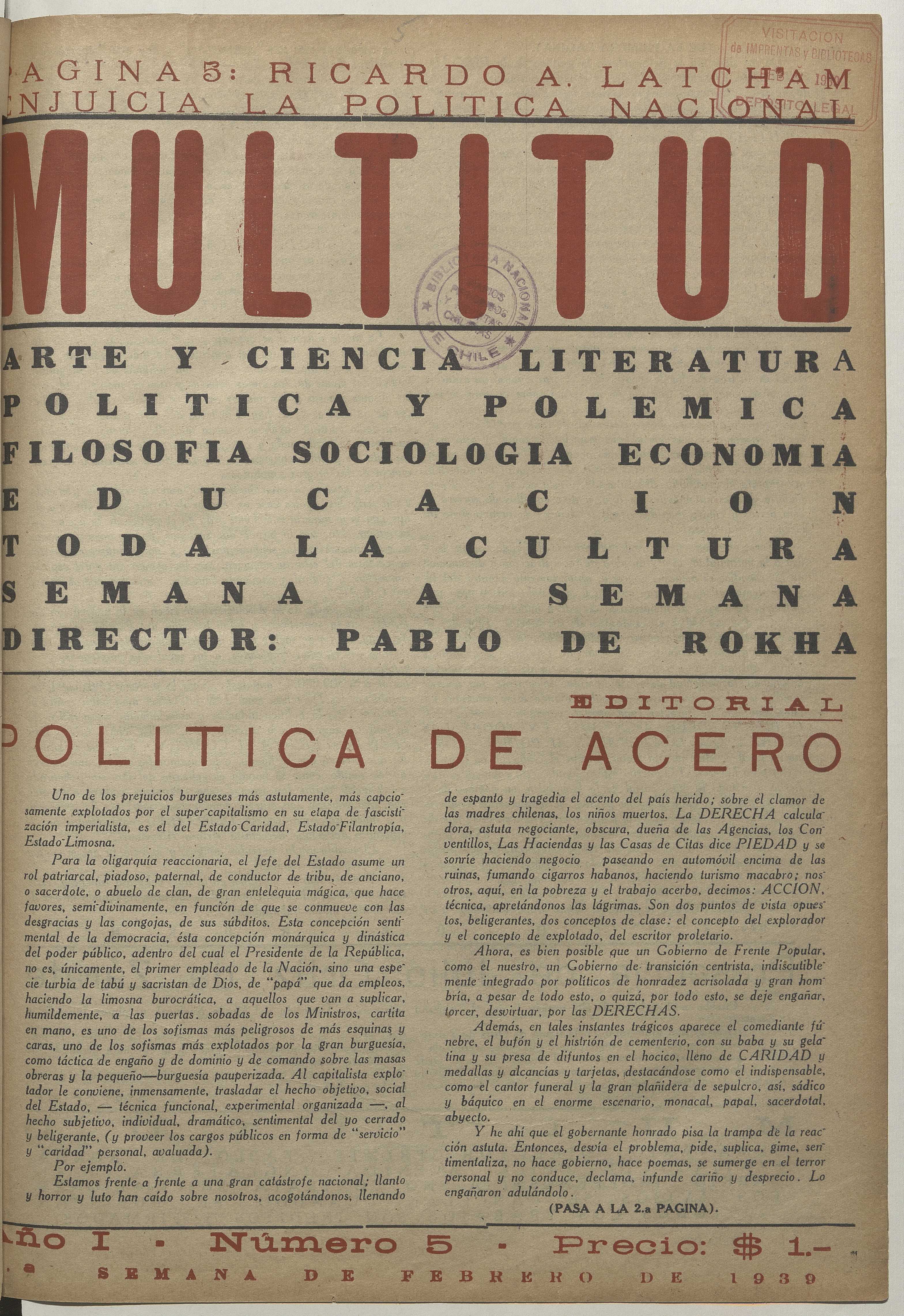 Multitud. Año 1, número 5, primera semana de febrero de 1939