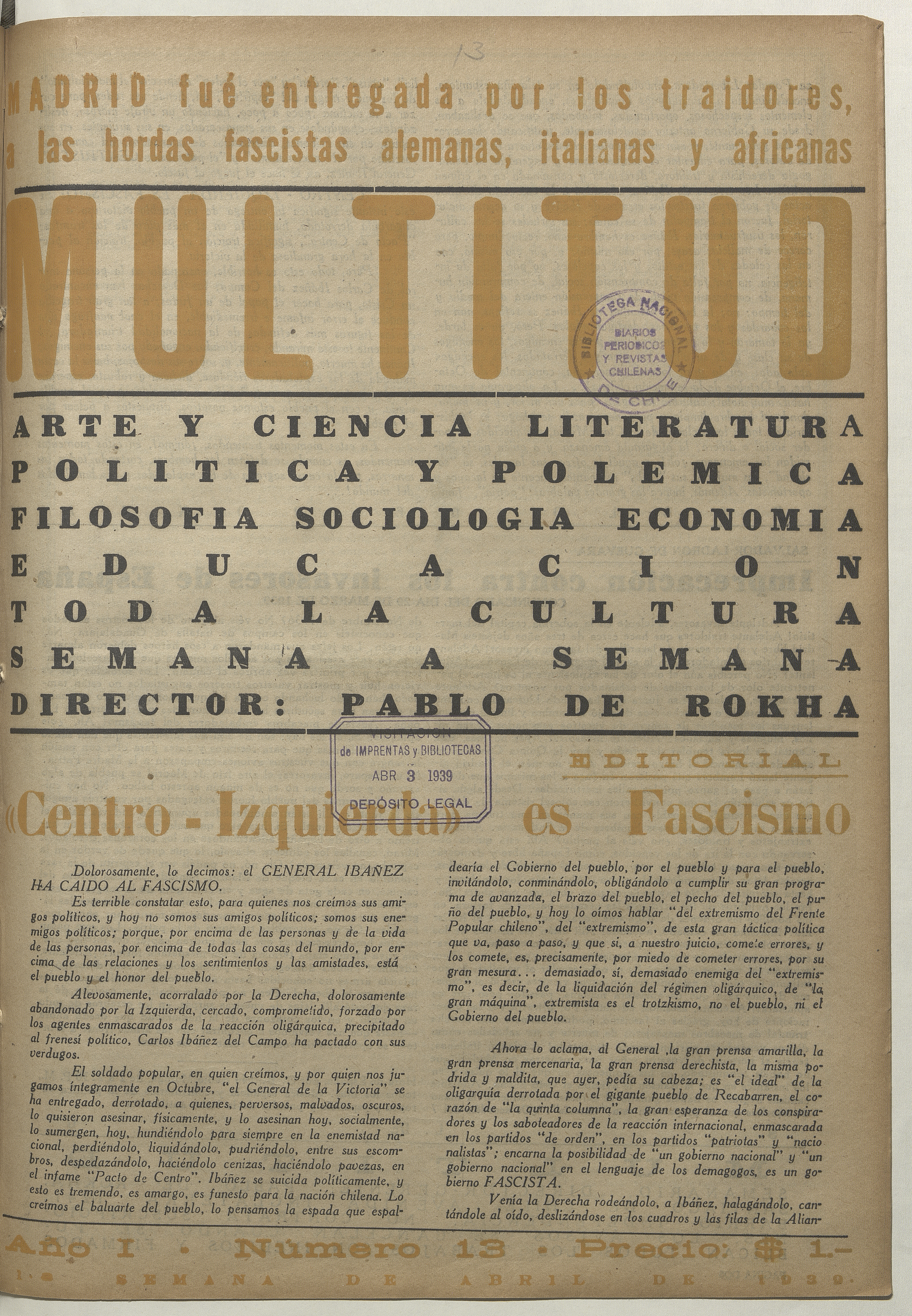 Multitud. Año 1, número 13, primera semana de abril de 1939