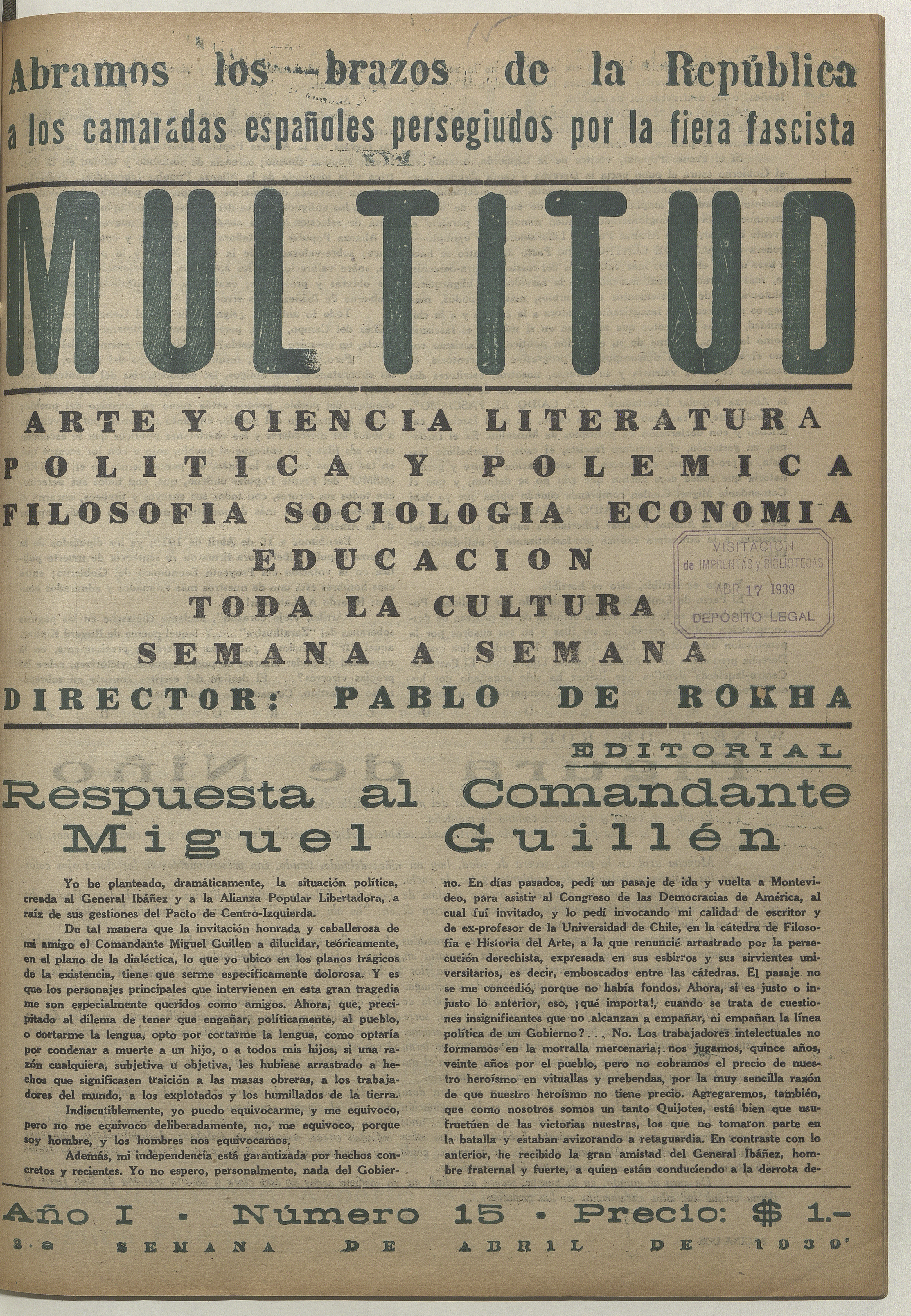 Multitud. Año 1, número 15, tercera semana de abril de 1939