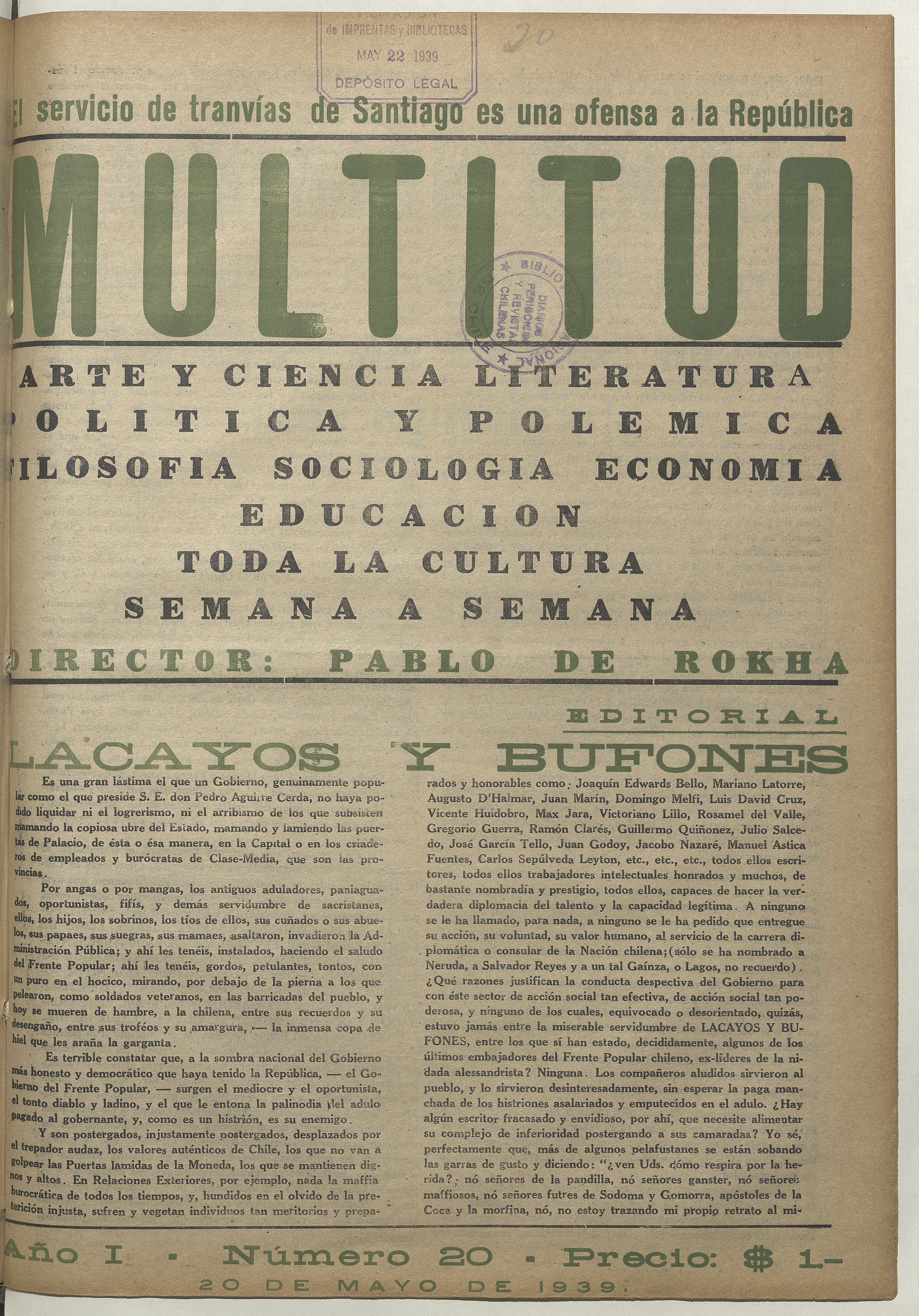 Multitud. Año 1, número 20, 20 de mayo de 1939