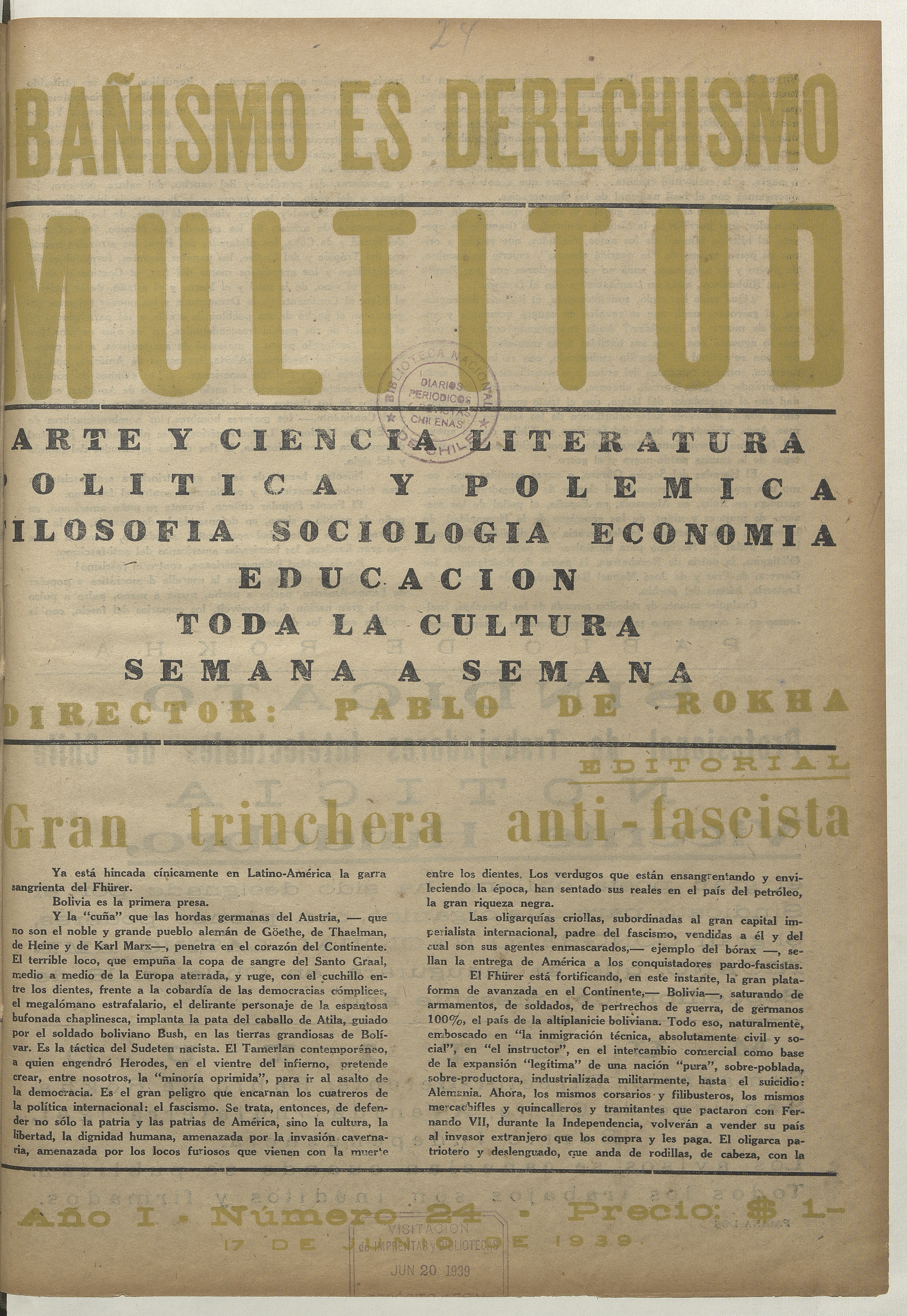 Multitud. Año 1, número 24, 17 de junio de 1939