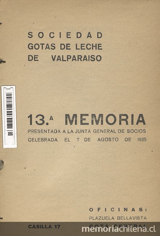 13a.Memoria / Sociedad Gota de Leche de Valparaiso.