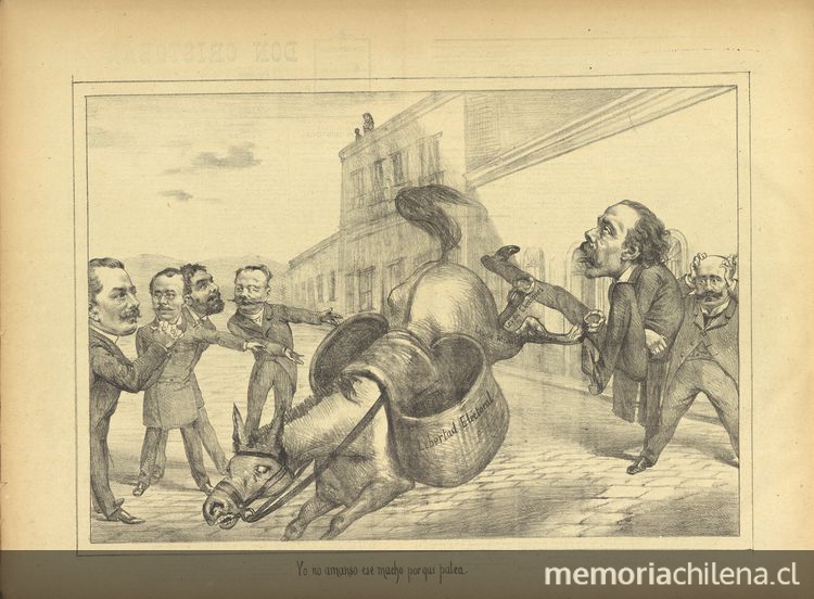 "[Libertad electoral] Yo no amanso ese macho porque patea". Digitalizar imagen en Don Cristóbal. Santiago, 8 de abril de 1890.