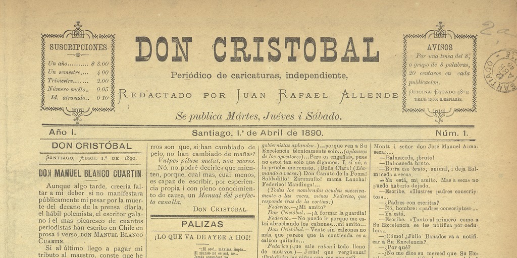 Don Cristóbal. Santiago, 1º de abril de 1890