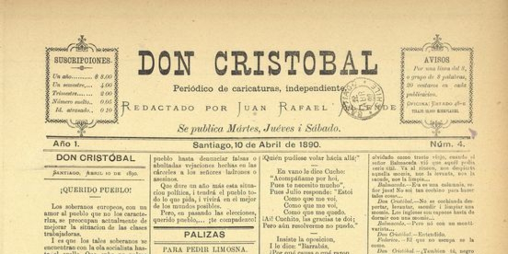 Don Cristóbal. Santiago, 10 de abril de 1890