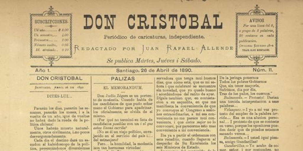 Don Cristóbal. Santiago, 26 de abril de 1890