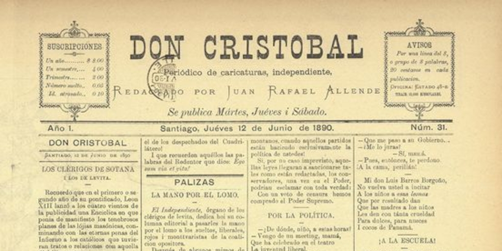  Don Cristóbal. Santiago, 12 de junio de 1890