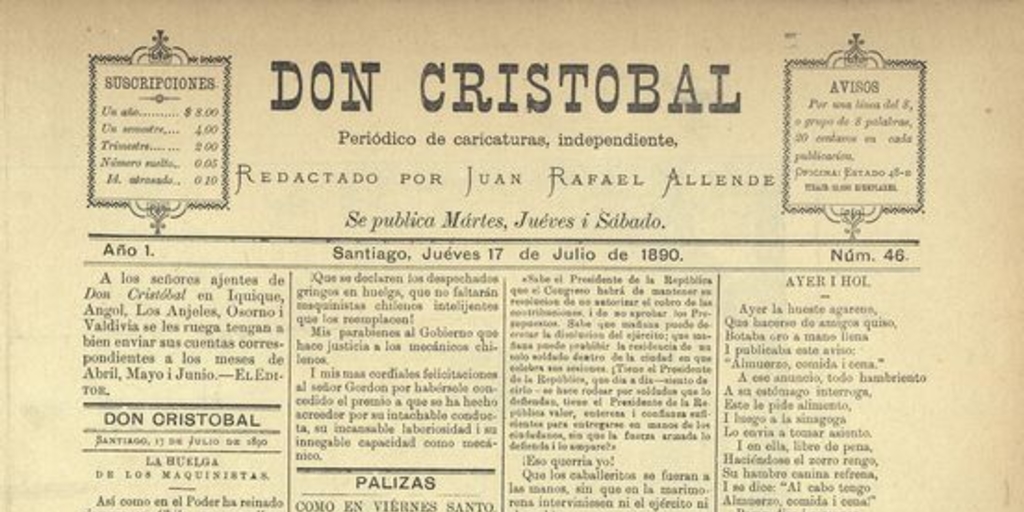 Don Cristóbal. Santiago, 17 de julio de 1890