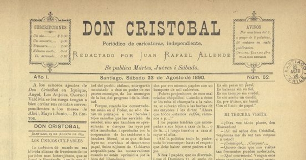 Don Cristóbal. Santiago, 23 de agosto de 1890