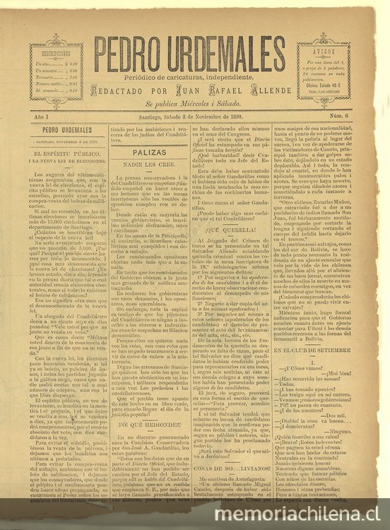 Pedro Urdemales. Santiago, 8 de noviembre de 1890