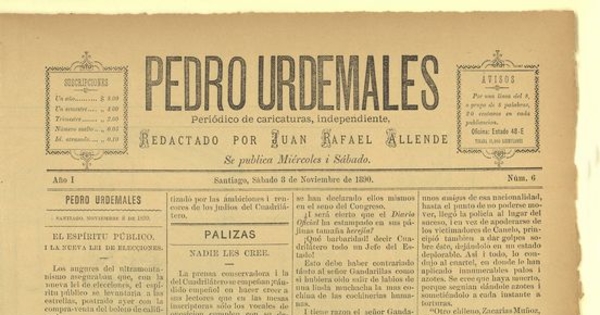 Pedro Urdemales. Santiago, 8 de noviembre de 1890