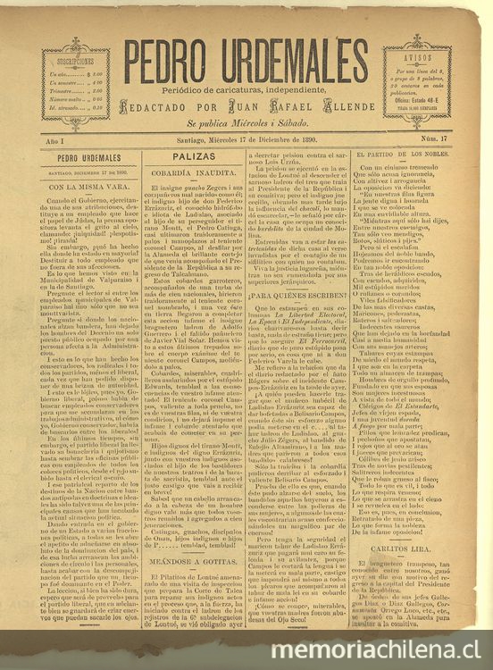 Pedro Urdemales. Santiago, 17 de diciembre de 1890