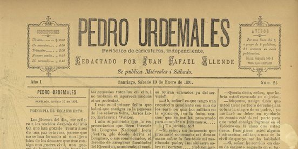 Pedro Urdemales. Santiago, 10 de enero de 1891