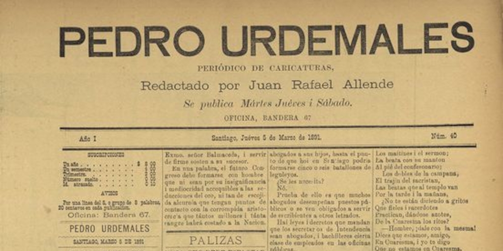 Pedro Urdemales. Santiago, 5 de marzo de 1891