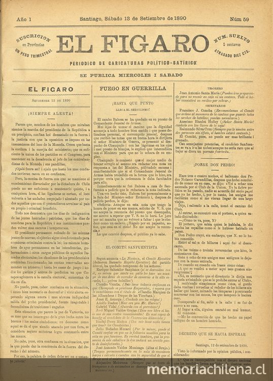 El Fígaro: periódico político-satírico. Santiago, 13 de septiembre de 1890