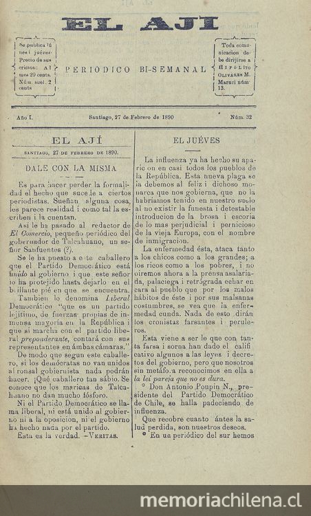 El Ají. Santiago, 27 de febrero de 1890