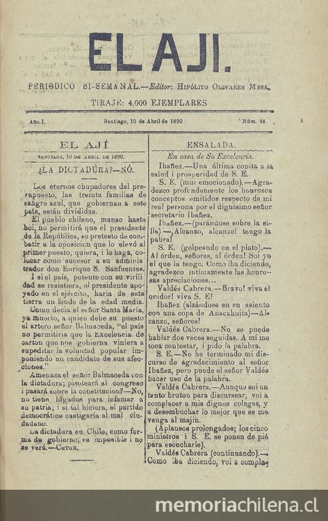 El Ají. Santiago, 10 de abril de 1890