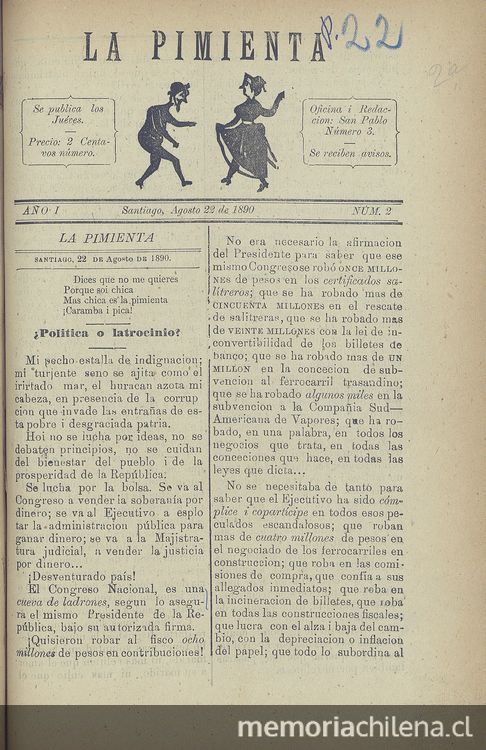 La Pimienta. Santiago, 22 de agosto de 1890