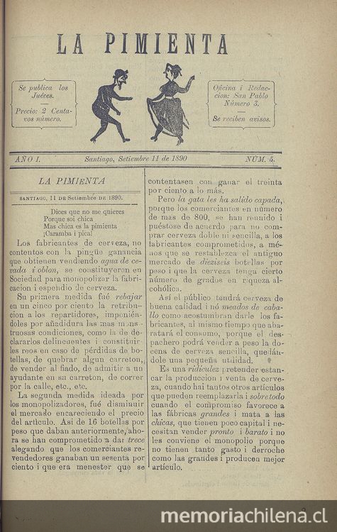 La Pimienta. Santiago, 11 de septiembre de 1890