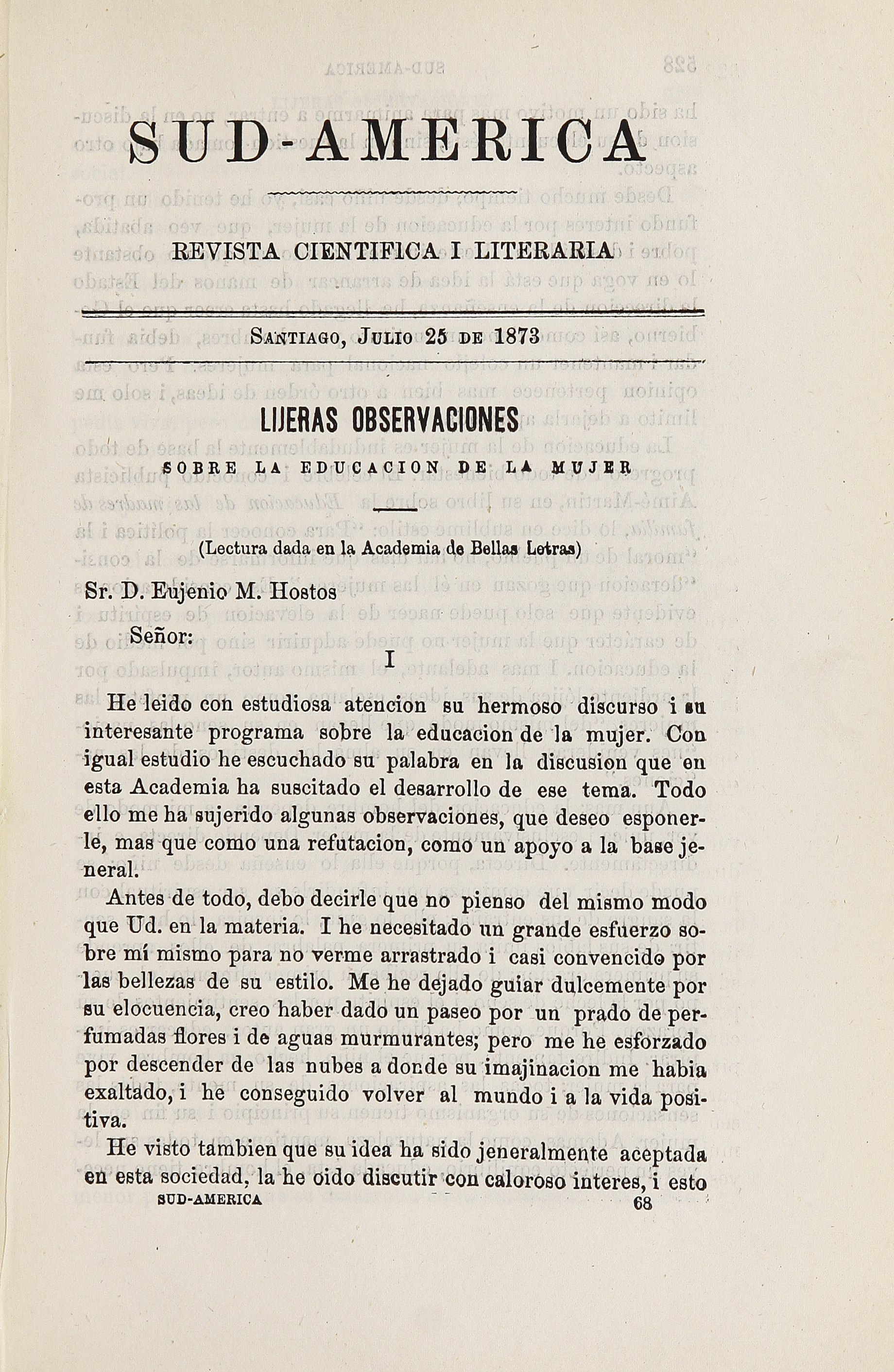 Sud-América. Tomo 1, [25 de julio de 1873]