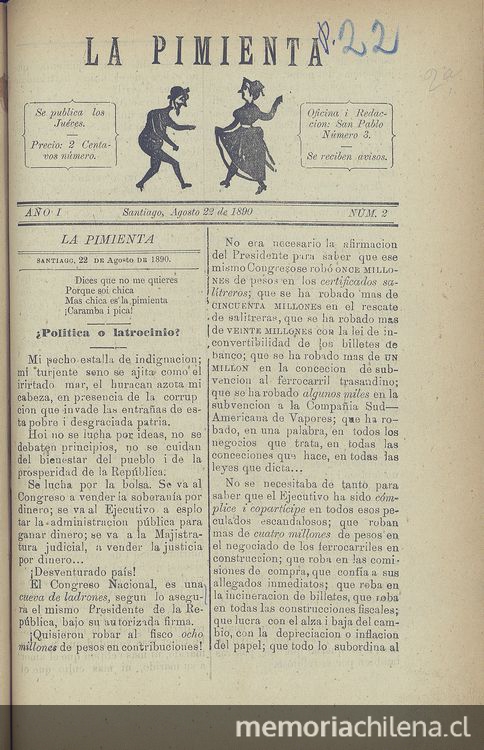 La Pimienta. Santiago, 22 de agosto de 1890