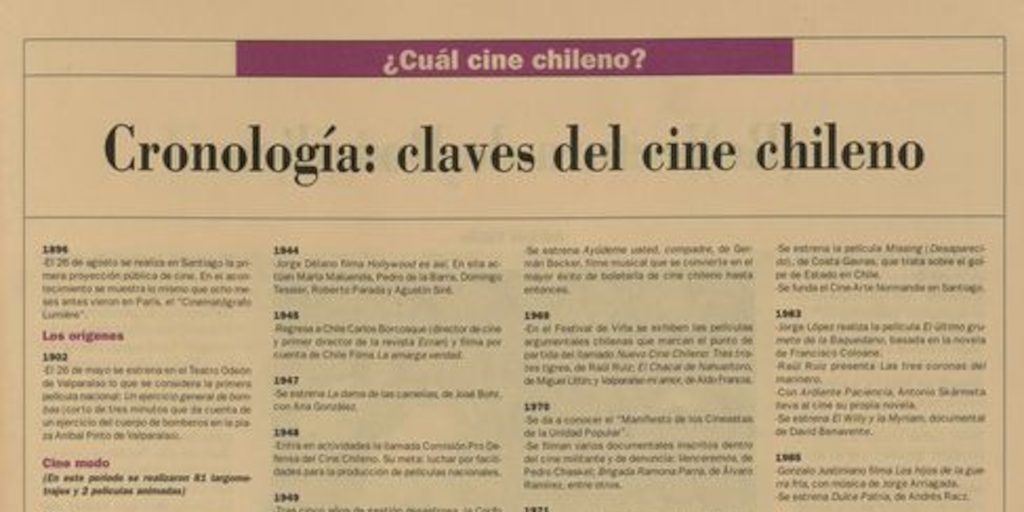 "Cronología: claves del cine chileno"En: Patrimonio  Cultural (25): 27, otoño-invierno, 2002