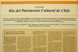 Instaurado Día del Patrimonio Cultural de ChileEn: Patrimonio  Cultural (14): 22, mayo, 1999.