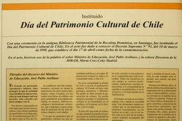 Instaurado Día del Patrimonio Cultural de ChileEn: Patrimonio  Cultural (14): 22, mayo, 1999.