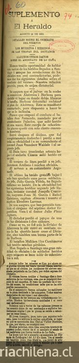 Suplemento a El Heraldo, agosto 24 de 1891. Detalles sobre el combate del Viernes. Los muertos i heridos de las tropas del dictador. Algunos otros datos sobre el asesinato de Lo Caña. Santiago: [s.n.], 1891.