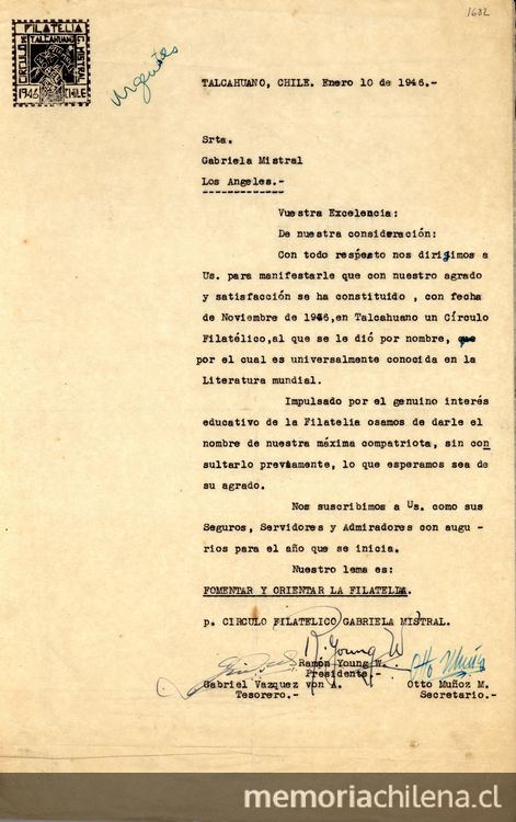 Carta del Círculo de Filatelía Gabriela Mistral a la poetisa para que le otorgue permiso para usar su nombre