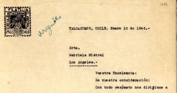 Carta del Círculo de Filatelía Gabriela Mistral a la poetisa para que le otorgue permiso para usar su nombre