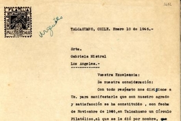 Carta del Círculo de Filatelía Gabriela Mistral a la poetisa para que le otorgue permiso para usar su nombre