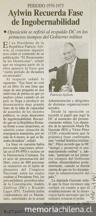 "Aylwin recuerda fase de ingobernabilidad", Estrategia, (Santiago), 6 de octubre, 1998, p. 20.